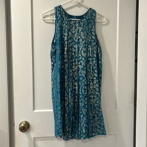 S+B metallic pleated leopard print on blue dress (from Anthropologie)